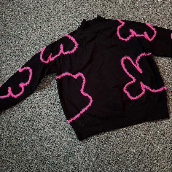 Modest Black Pink Flower Embroidered Mohair Design Mockneck Long-Sleeve Sweater - Picture 2 of 13